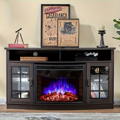 59-Inch Curved Fireplace TV Stand: Farmhouse Style Entertainment Center with 26'' Electric Fireplace, Glass Door Storage Cabinet, and Open Shelves, Fits TVs up to 65"