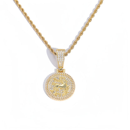 12 Zodiac Coins Necklace - 14K Gold Plated Golden Plated Hip-Hop Astrology Pendant with Synthetic Synthetic Zirconia Stones, 24in 304 Stainless Steel Chain, Unisex Jewelry Gift for Women & Men (Birthdays, Mother’s Day, Fath