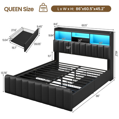 Queen Size Storage Bed Frame with LED Lights and Charging Station | Modern Upholstered Bed, Faux Leather, Bookcase Headboard, Drawers, Metal Slats, No Box Spring Needed, Black