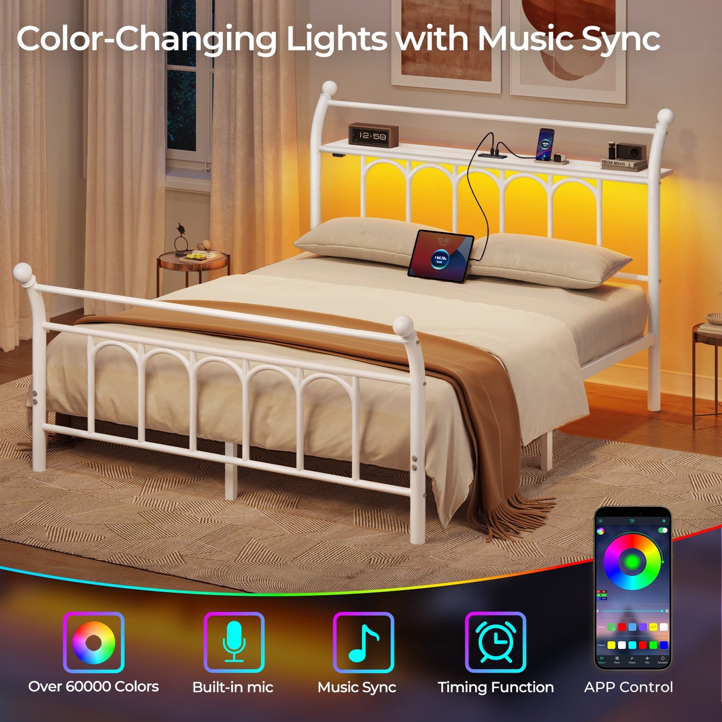 Classic Metal Platform Bed Frame with Victorian Style Iron-Art Headboard/Footboard/Under Bed Storage/No Box Spring Needed