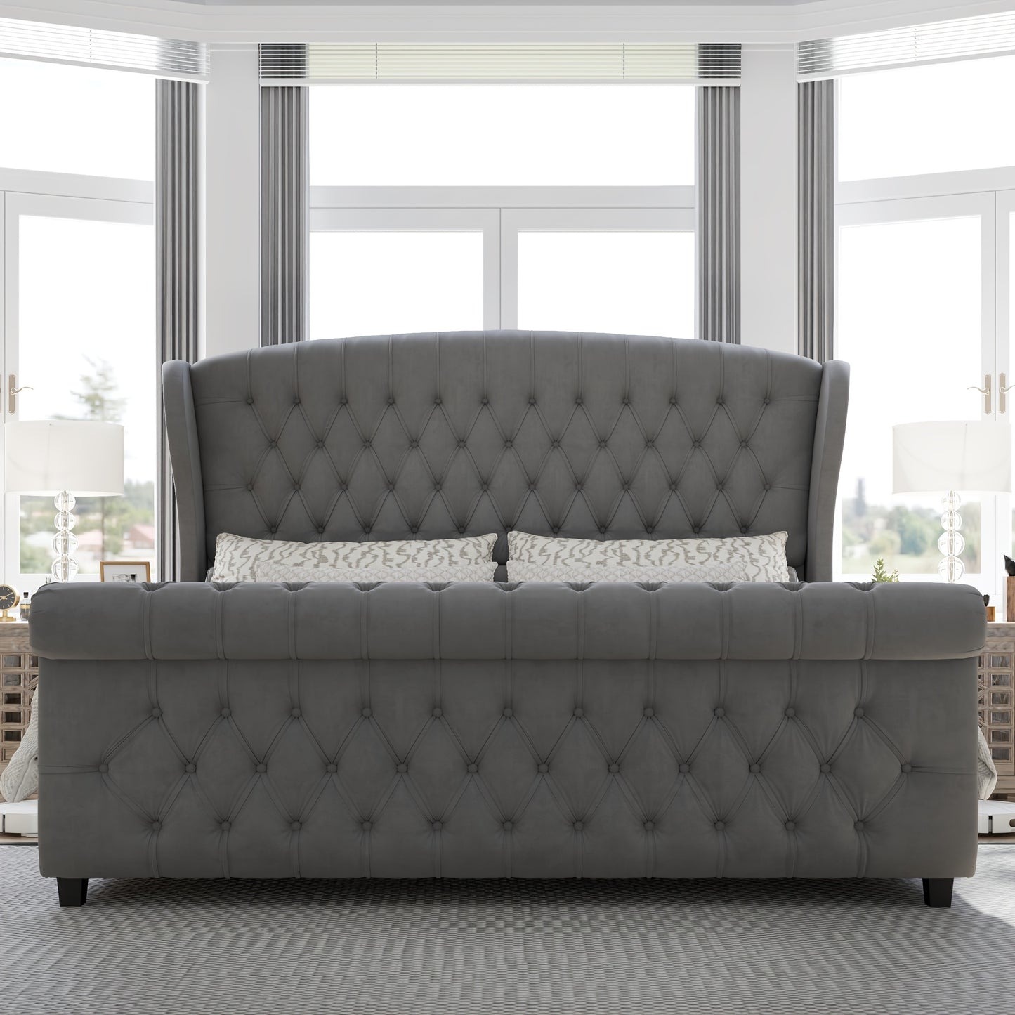 Platform Bed Frame, Chenille Upholstered Sleigh Bed with Scroll Wingback Headboard & Footboard/Button Tufted/No Box Spring Required/