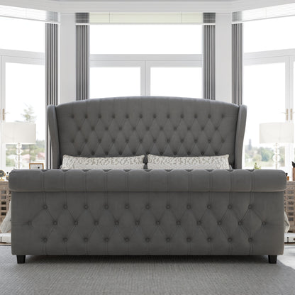 Platform Bed Frame, Chenille Upholstered Sleigh Bed with Scroll Wingback Headboard & Footboard/Button Tufted/No Box Spring Required/