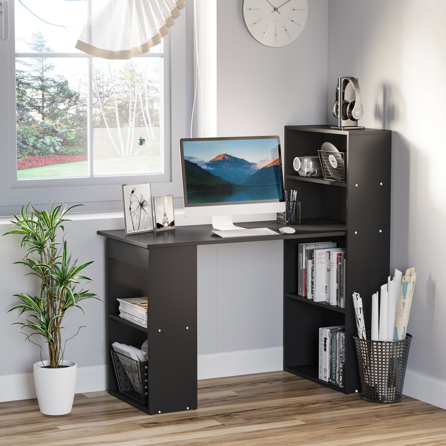 HOMCOM Modern Home Office Desk with 6-Tier Storage Shelves, 47" Writing Table with Bookshelf