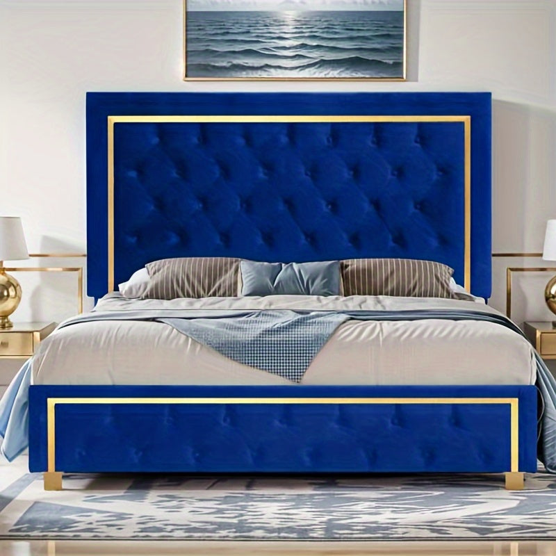 IndustraGear Queen Size Bed Frame with 51. 52Inch Tall Button Tufted Headboard, Velvet Upholstered Platform Bed Frame with Golden Trim, Modern Bed Frame/ No Box Spring Required/ Blue