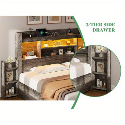PAPABABE Bed Frame Featuring a 49.6-Inch Bookcase Headboard, Four Drawers, And Two Removable Storage Racks - a Farmhouse-Style Wooden Bed Frame Equipped with RGB LED Lights And a Charging Station, No Box Spring Required.