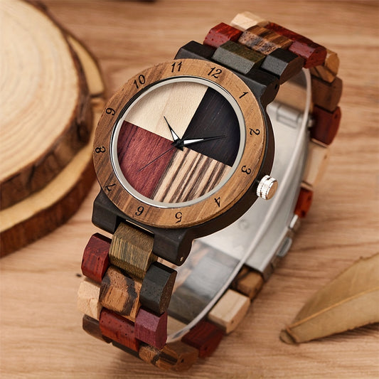 Ladies Plaid Wood Design Watch Lightweight Wooden Watches with Adjustable Strap and Stainless Steel Buckle Quartz Watches for Women