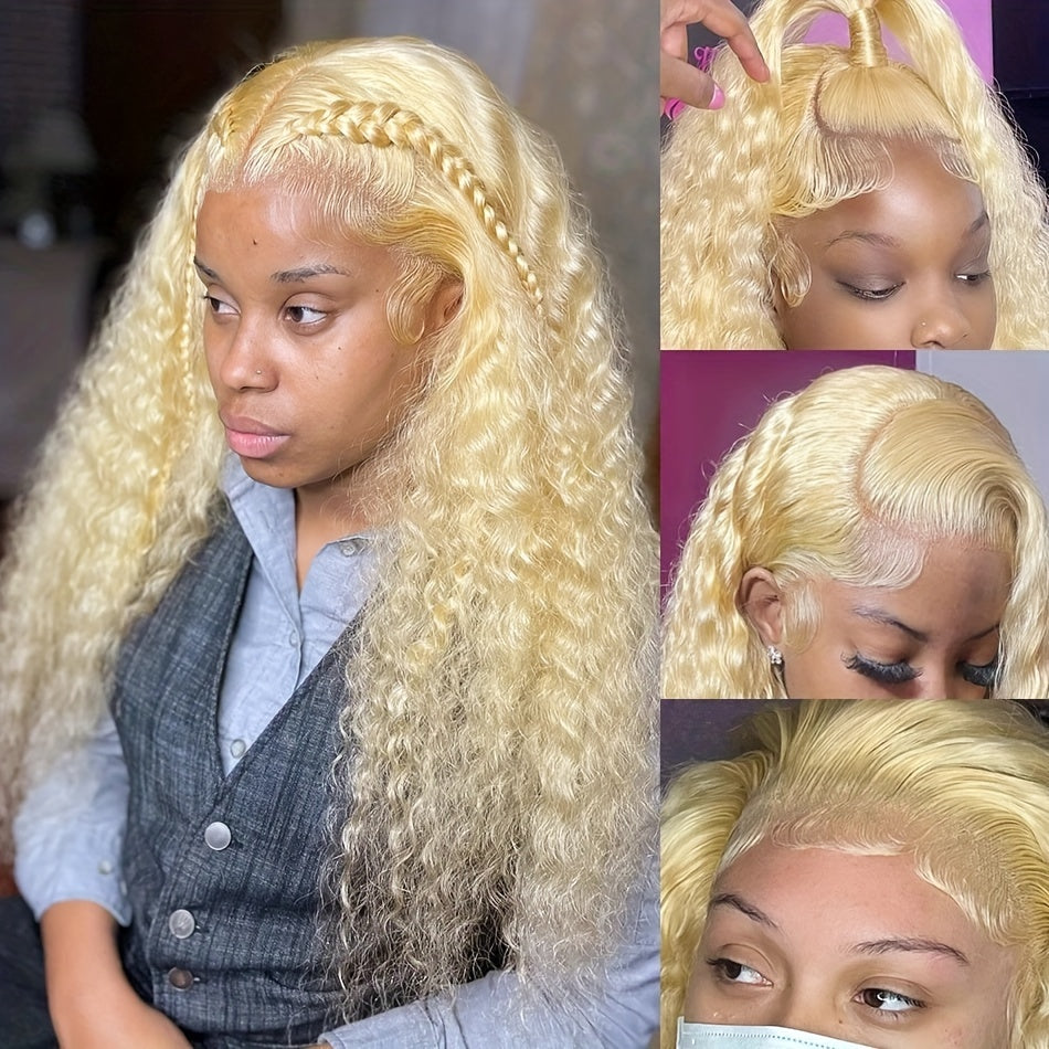 13x4 Blonde Middle Part Curly Wigs Lace Front 613 Blonde  Glueless Wavy Wig Cap Headband Curly Wig for Women with Natural Hairline Glueless Synthetic Heat Resistent Wigs 26 inch for Daily Party