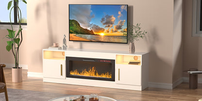 Modern LED Fireplace TV Stand, 36" Electric Fireplace Entertainment Center with Storage Shelves, Metal and Wood Construction, Assembly Required, Fits Up to 80" TVs - White