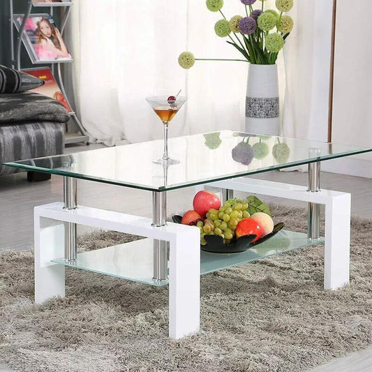 Coffee Table, Rectangle Glass Top with Glass Shelf 2-Tier Modern Coffee Table & Legs for Home Living Room, Office, Store or Bed Room White