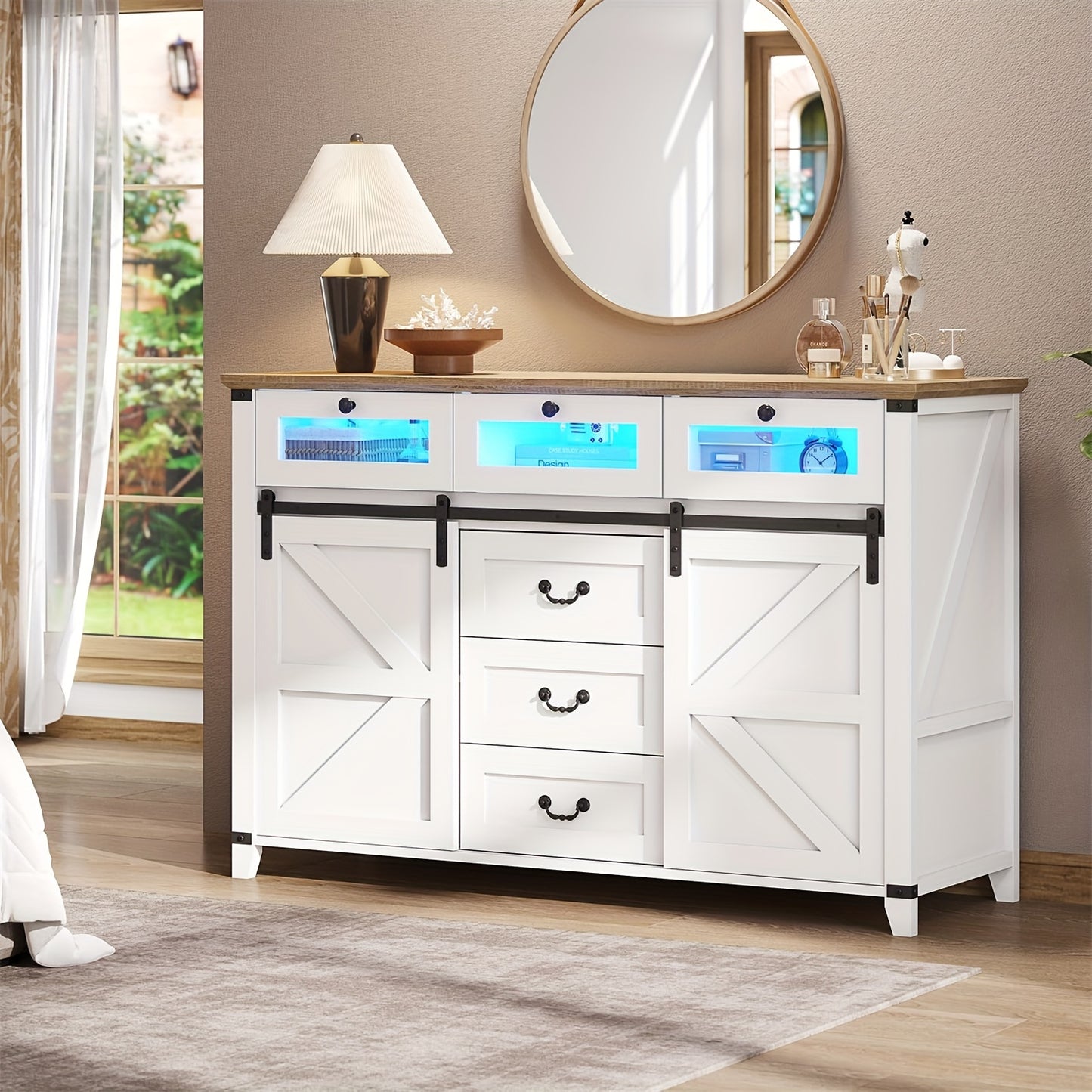 Farmhouse Dresser with LED Lights & Glass Drawers, Chest of Drawers with Sliding Barn Doors for Living Room Bedroom Entryway, White