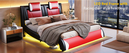 Modern Elegance Meets Functionality: PaPaJet Full Floating Bed Frame With Built-in LED Lights, Faux Leather Upholstery, & Wave-Shaped Curves, No Box Spring Required