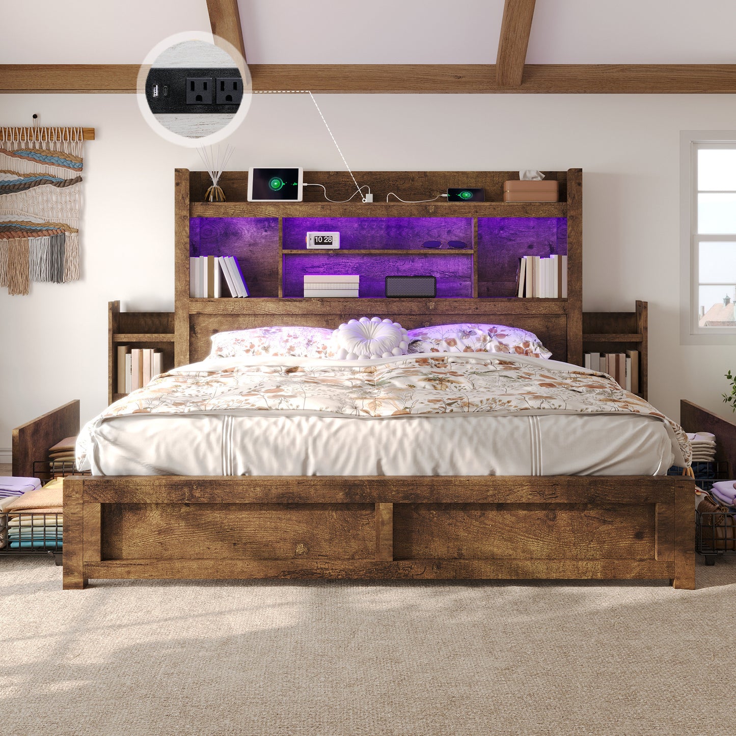 PAPABABE Bed Frame Featuring a 49.6-Inch Bookcase Headboard, Four Drawers, And Two Removable Storage Racks - a Farmhouse-Style Wooden Bed Frame Equipped with RGB LED Lights And a Charging Station, No Box Spring Required.