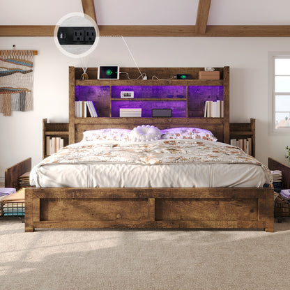 PAPABABE Bed Frame Featuring a 49.6-Inch Bookcase Headboard, Four Drawers, And Two Removable Storage Racks - a Farmhouse-Style Wooden Bed Frame Equipped with RGB LED Lights And a Charging Station, No Box Spring Required.