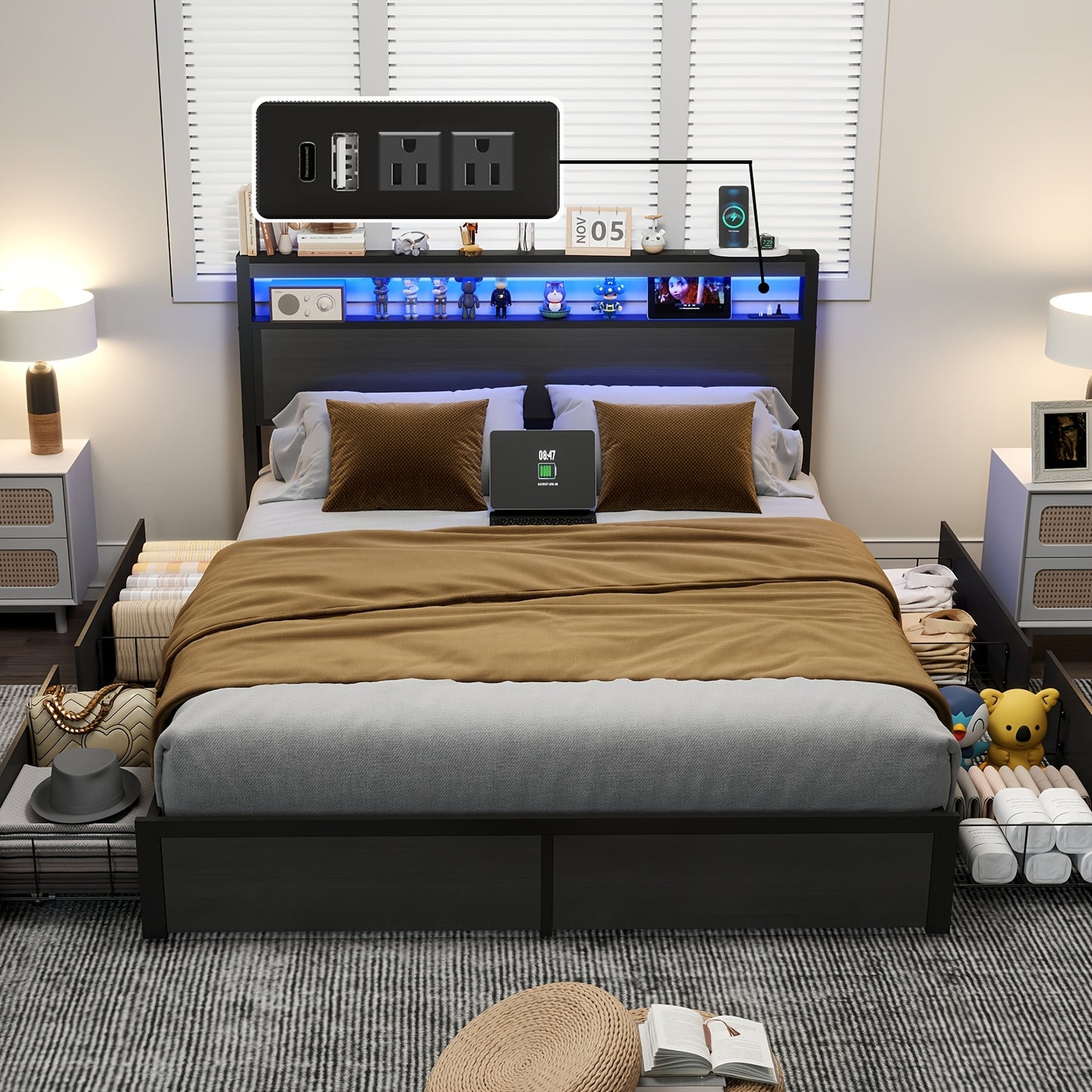Bed Frame Available in Full, Queen, And King Sizes Featuring LED Lights And a Charging Station. This Metal Platform Bed Includes a Two-Tier Wooden Storage Headboard And Four Storage Drawers. It Operates Quietly, Does Not Requ