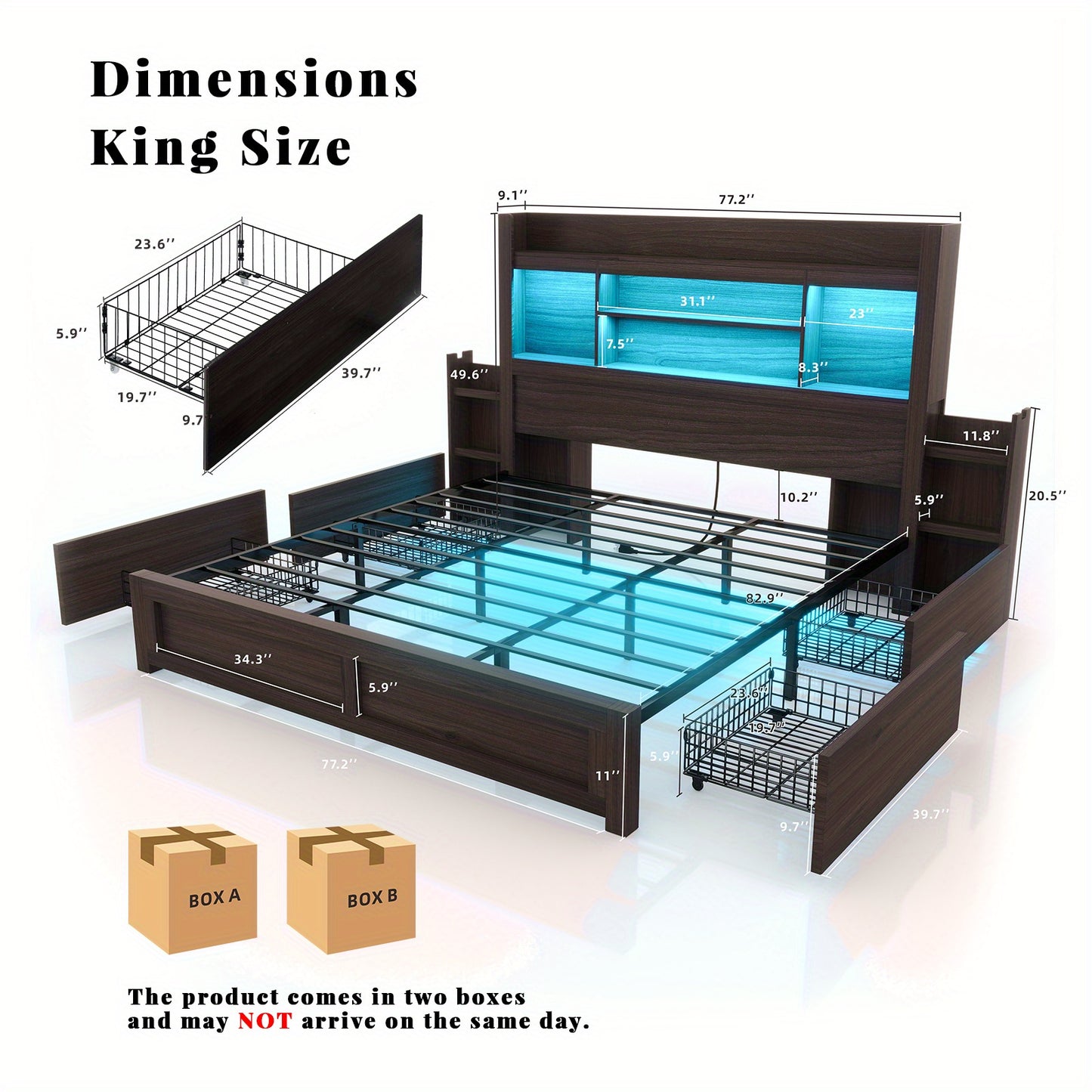 PAPABABE Bed Frame Featuring a 49.6-Inch Bookcase Headboard, Four Drawers, And Two Removable Storage Racks - a Farmhouse-Style Wooden Bed Frame Equipped with RGB LED Lights And a Charging Station, No Box Spring Required.