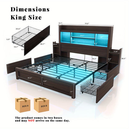 PAPABABE Bed Frame Featuring a 49.6-Inch Bookcase Headboard, Four Drawers, And Two Removable Storage Racks - a Farmhouse-Style Wooden Bed Frame Equipped with RGB LED Lights And a Charging Station, No Box Spring Required.