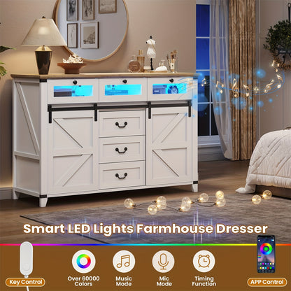 Farmhouse Dresser with LED Lights & Glass Drawers, Chest of Drawers with Sliding Barn Doors for Living Room Bedroom Entryway, White