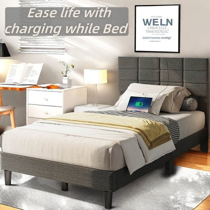 Twin/Full/Queen/King Size Platform Bed Frame with Fabric Upholstered Headboard and Wooden Slats Support, Leather Upholstered Headboard, and Built-in Charging Station, Upholstered Mattress Foundation/No Box Spring Needed/Easy