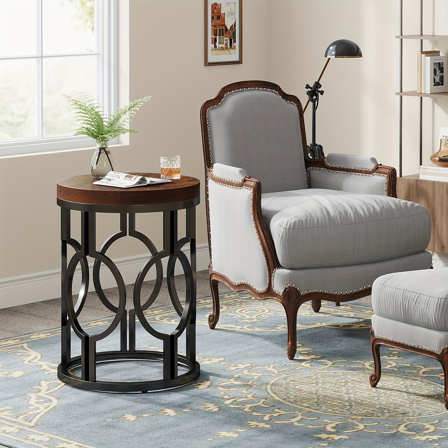 LITTLE TREE Round End Table, Industrial SideTable with Metal Hollow Frame, Small Bedside Table Nightstand for Living Room, Bedroom, Easy Assembly (Rustic Brown)