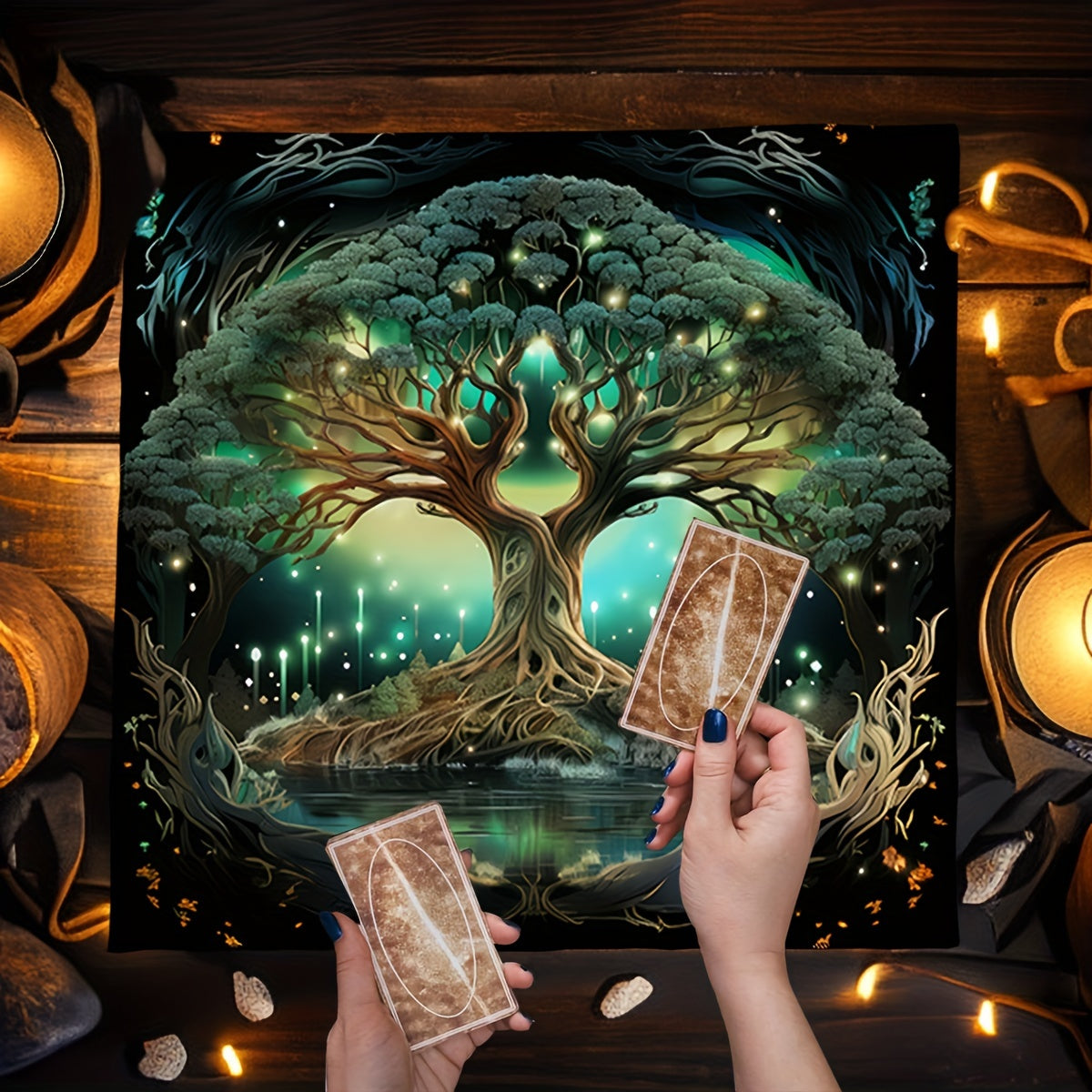 1pc Blue Tree Of Life Moon Starry Sky Tarot Cards Tablecloth Altar Cloth Green Life Tree Tarot Tablecloth For Spread Tarot Reading Cloth Witchcraft Oracle Cards Pads Game Mat Wall Decoration