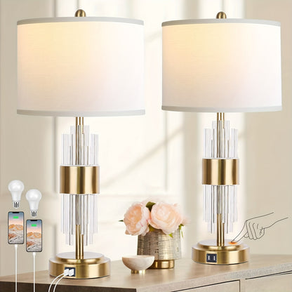 Bedside Table Golden Lamp For Living Room With USB Ports, Set Of 2 With Touch Control, Modern Nightstand White Drum Lamp Shade Bedrooms Home Office Light Decor Valentine'S Day And Easter Gifts