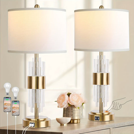 Bedside Table Golden Lamp For Living Room With USB Ports, Set Of 2 With Touch Control, Modern Nightstand White Drum Lamp Shade Bedrooms Home Office Light Decor Valentine'S Day And Easter Gifts