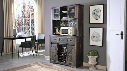 72" Farmhosue Bar Cabinet With Sliding Barn Door, Large Kitchen Buffet With Hutch W/Wine & Glasses Rack, 3 Drawers, 12 Storage Shelves, Rustic Coffee Bar Sideboard Table