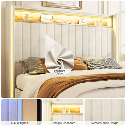 PaPaJet Bed Frame with LED Lights And Charging Station, Velvet Upholstered Platform Bed with 53" Tall Storage Headboard And Wingbacks, No Box Spring Needed