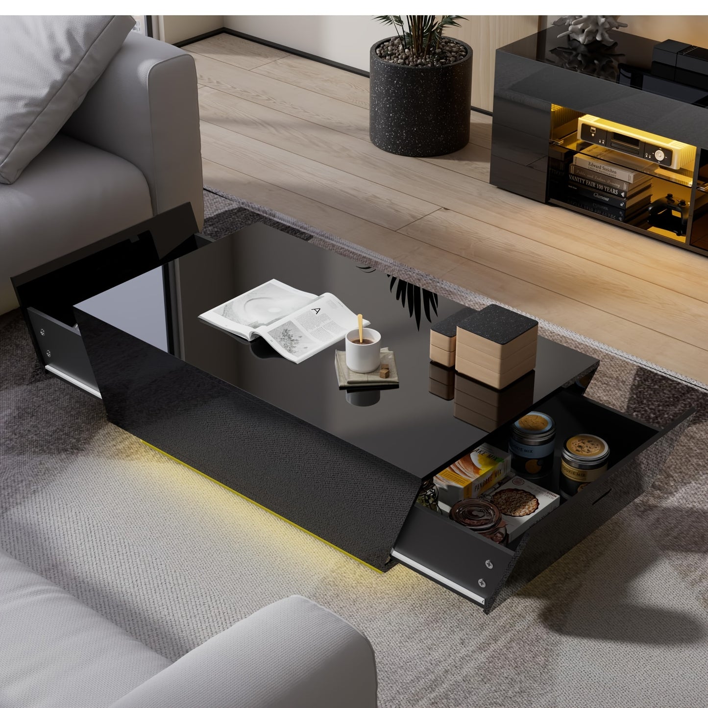 Aurorome High Gloss Coffee Table Center Cocktail Table With LED Lights & Sliding Drawers, Modern Coffee Table With LED Lights, High Gloss Coffee Table With Storage Drawers, Contemporary Center Table For Living Room, Black