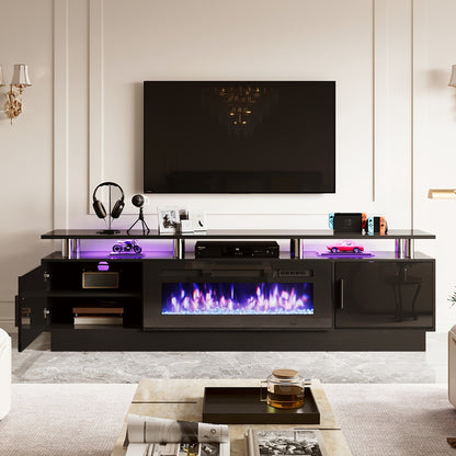 70"/80" Modern Electric Fireplace TV Stand For TVs Up To 80 Inch, With Electronic Flame And LED Lights, Luxury High Gloss Finish Entertainment Center For Living Room, Black