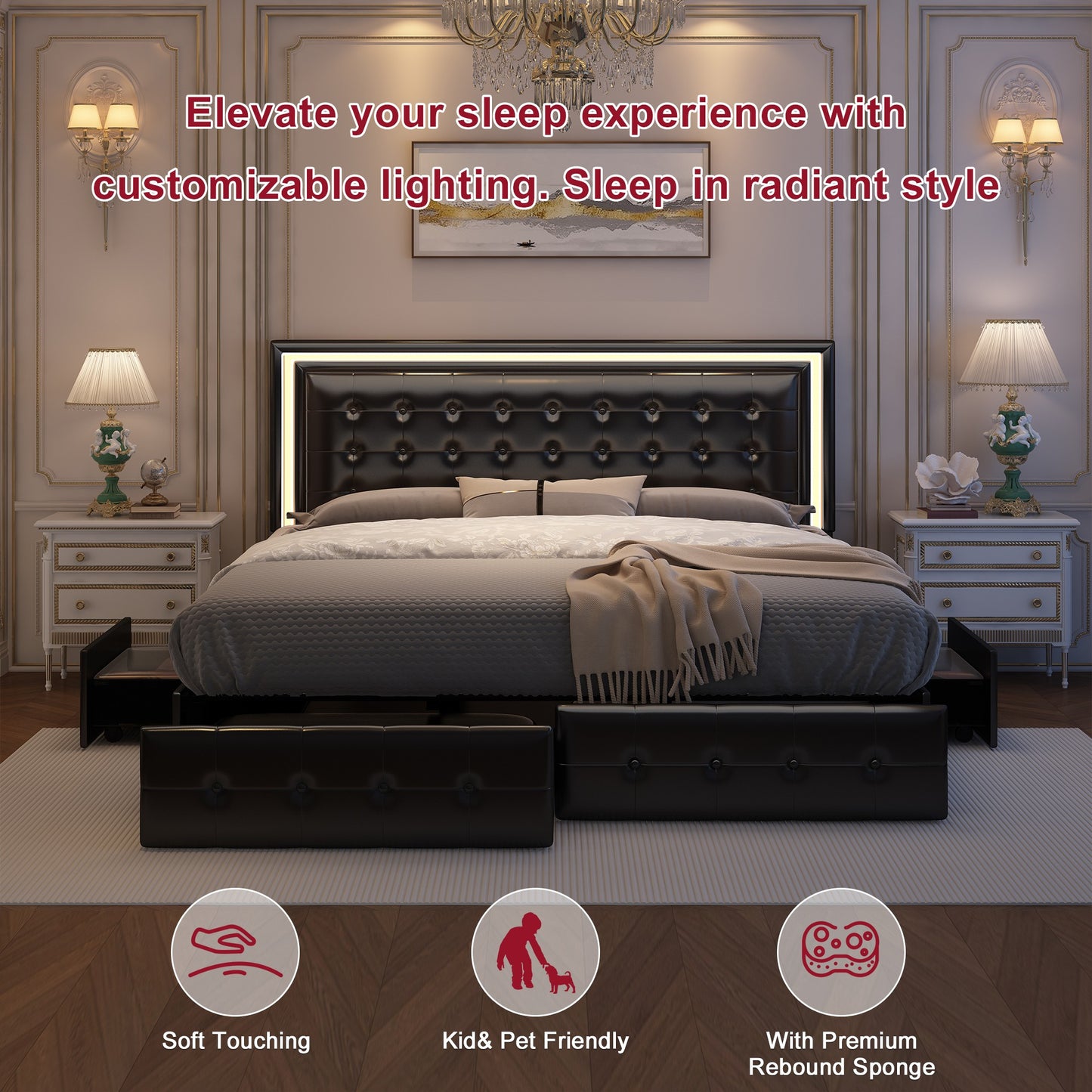 LED Queen Bed Frame - 4 Drawers & Adjustable Headboard