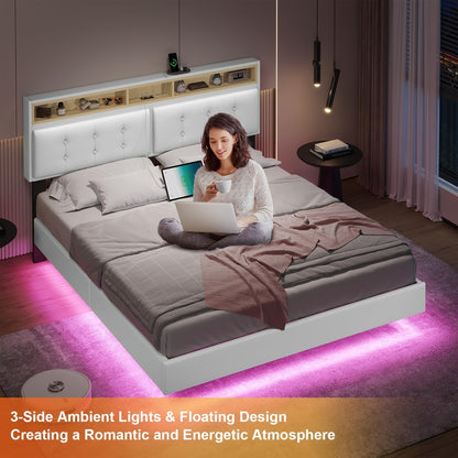 Queen Size Floating Bed Frame With LED Lights And Charging Station, Modern Queen Size Visible Floating Platform Bed Frame With Storage Headboard, White