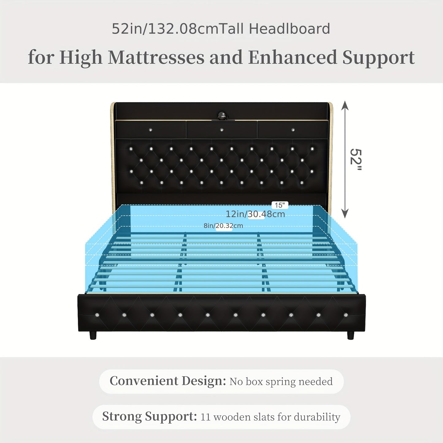 Queen Led Bed Frame With Galaxy Aurora Star Projector, Full Size Platform Bed With 2 Removable Storage Drawers, 52" Crystal Button Tufted Upholstered Headboard King Bed With Charging Station, Noise Free, No Box Spring Needed,