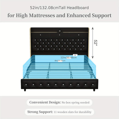 Queen Led Bed Frame With Galaxy Aurora Star Projector, Full Size Platform Bed With 2 Removable Storage Drawers, 52" Crystal Button Tufted Upholstered Headboard King Bed With Charging Station, Noise Free, No Box Spring Needed,