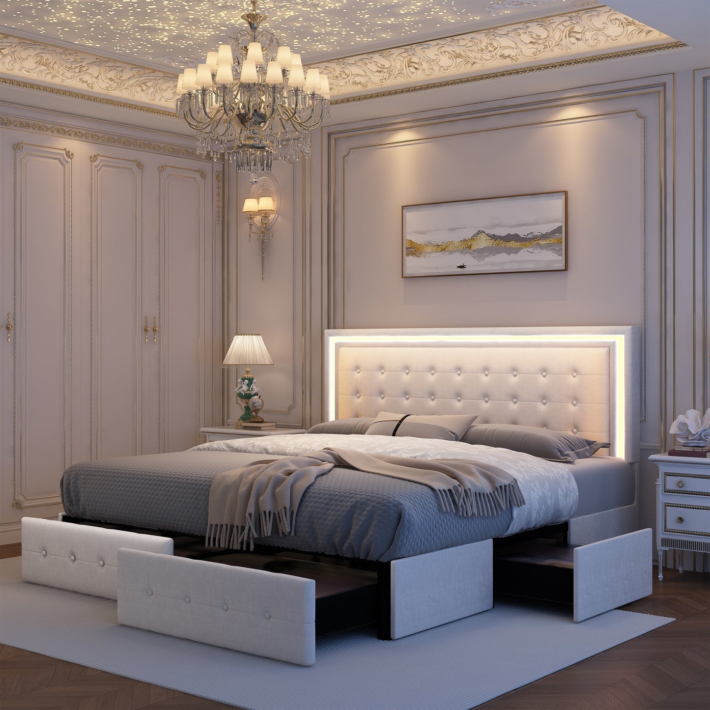LED Queen Bed Frame - 4 Drawers & Adjustable Headboard