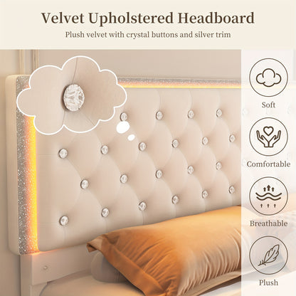 Sibeds Queen Size Upholstered LED Bed Frame With Storage Drawers, King Size Platform Storage Full Bed With Crystal Button Tufted Headboard And Solid Slats Support, Noise Free, No Box Spring Needed, PU Luxury Beds Girls Men's