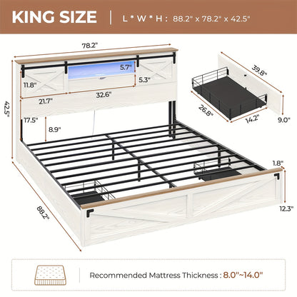 Farmhouse Metal Bed Frame with LED Lights & Charging Station, Queen Size Platform Bed with Storage Shelves & 2 Drawers, Walnut White