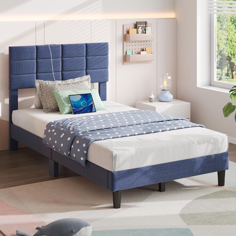 Twin/Full/Queen/King Size Platform Bed Frame with Fabric Upholstered Headboard and Wooden Slats Support, Leather Upholstered Headboard, and Built-in Charging Station, Upholstered Mattress Foundation/No Box Spring Needed/Easy