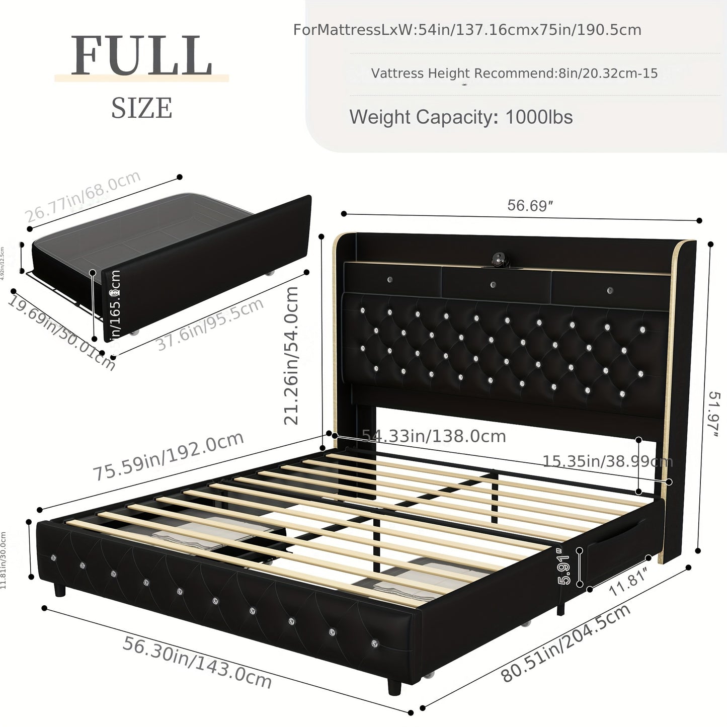 Queen Led Bed Frame With Galaxy Aurora Star Projector, Full Size Platform Bed With 2 Removable Storage Drawers, 52" Crystal Button Tufted Upholstered Headboard King Bed With Charging Station, Noise Free, No Box Spring Needed,