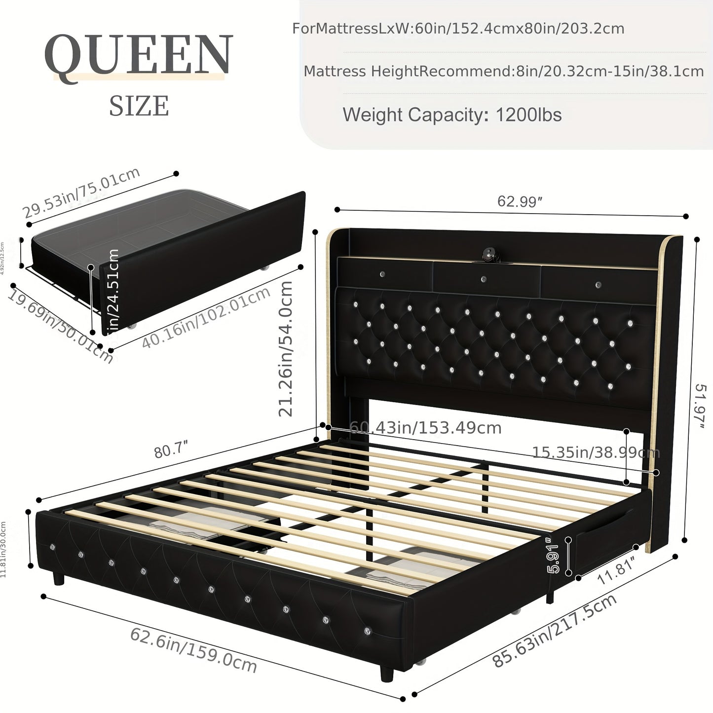 Queen Led Bed Frame With Galaxy Aurora Star Projector, Full Size Platform Bed With 2 Removable Storage Drawers, 52" Crystal Button Tufted Upholstered Headboard King Bed With Charging Station, Noise Free, No Box Spring Needed,