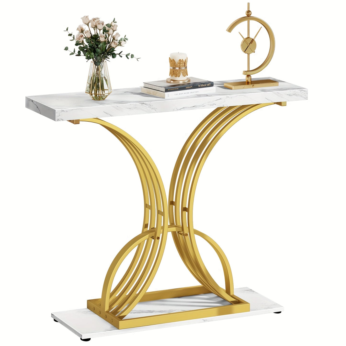 Xelsyo DEXTRUS 39" Console End Table with Faux Marble Top, Side Table for Living Room, Entryway, Gold
