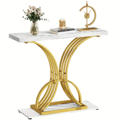 Xelsyo DEXTRUS 39" Console End Table with Faux Marble Top, Side Table for Living Room, Entryway, Gold