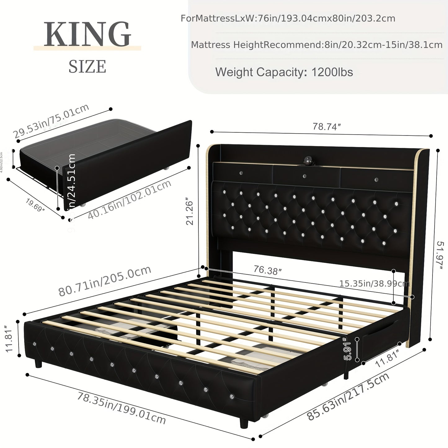 Queen Led Bed Frame With Galaxy Aurora Star Projector, Full Size Platform Bed With 2 Removable Storage Drawers, 52" Crystal Button Tufted Upholstered Headboard King Bed With Charging Station, Noise Free, No Box Spring Needed,