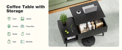 Vintage Lift-Top Coffee Table with Hidden Storage and Adjustable Shelf - Durable Wood, Ideal for Living Room