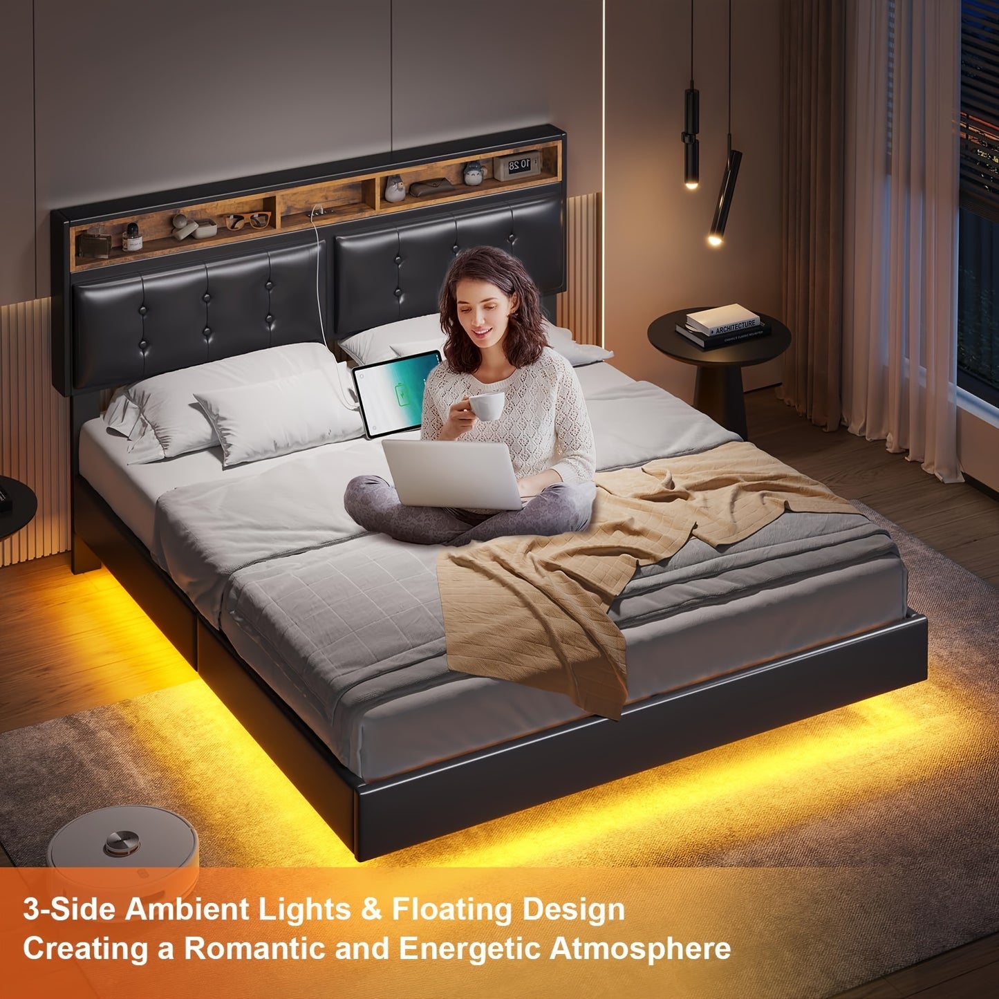 1pc Modern Queen Size Floating Bed Frame with LED Lights, Metal Platform Bed with Storage Headboard, Contemporary Style, 110V-130V, US Plug, No Battery Required