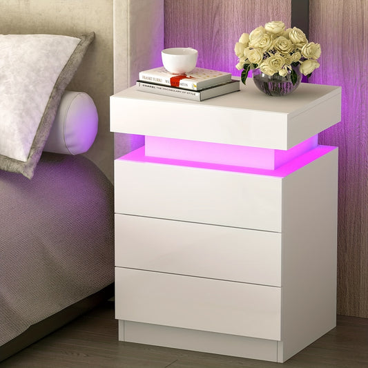 Nightstand with LED Lights, 3 Drawers and 1 Flapping Top Storage Box, White Night Stand for Bedroom, Modern Tall Bedside Table with High Gloss Panel, Glacier White, Darknight Black