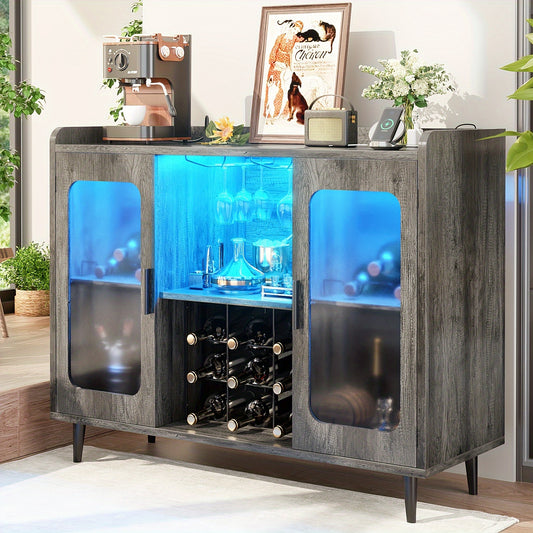 Wine Bar Cabinet with Power Outlet, Liquor Cabinet Bar with LED Light and Glass Holder, Home Coffee Bar Cabinet, Buffet Sideboard with Storage Shelf for Kitchen, Dining Room, Black Oak