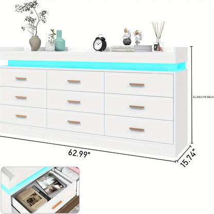 9 Drawer Dresser With LED Light, Modern Chest Of Drawers For Closet, Wide Drawer Organizer Cabinet For Bedroom, Living Room, Entryway, Hallway (9 Drawer White) Black