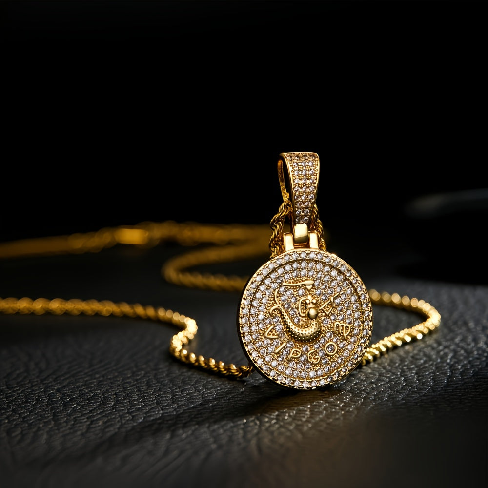 12 Zodiac Coins Necklace - 14K Gold Plated Golden Plated Hip-Hop Astrology Pendant with Synthetic Synthetic Zirconia Stones, 24in 304 Stainless Steel Chain, Unisex Jewelry Gift for Women & Men (Birthdays, Mother’s Day, Fath