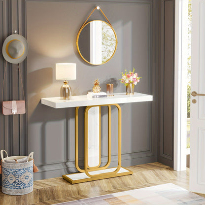 Modern Golden White Console Table - 41.3 Inch Accent Piece With Faux Marble Veneer For Living Room Entryway, Hallway, And Foyer